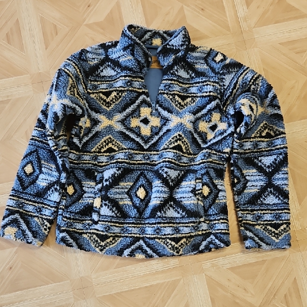 Wrangler Blue Black Cream Geo-Pattern Sherpa Pullover